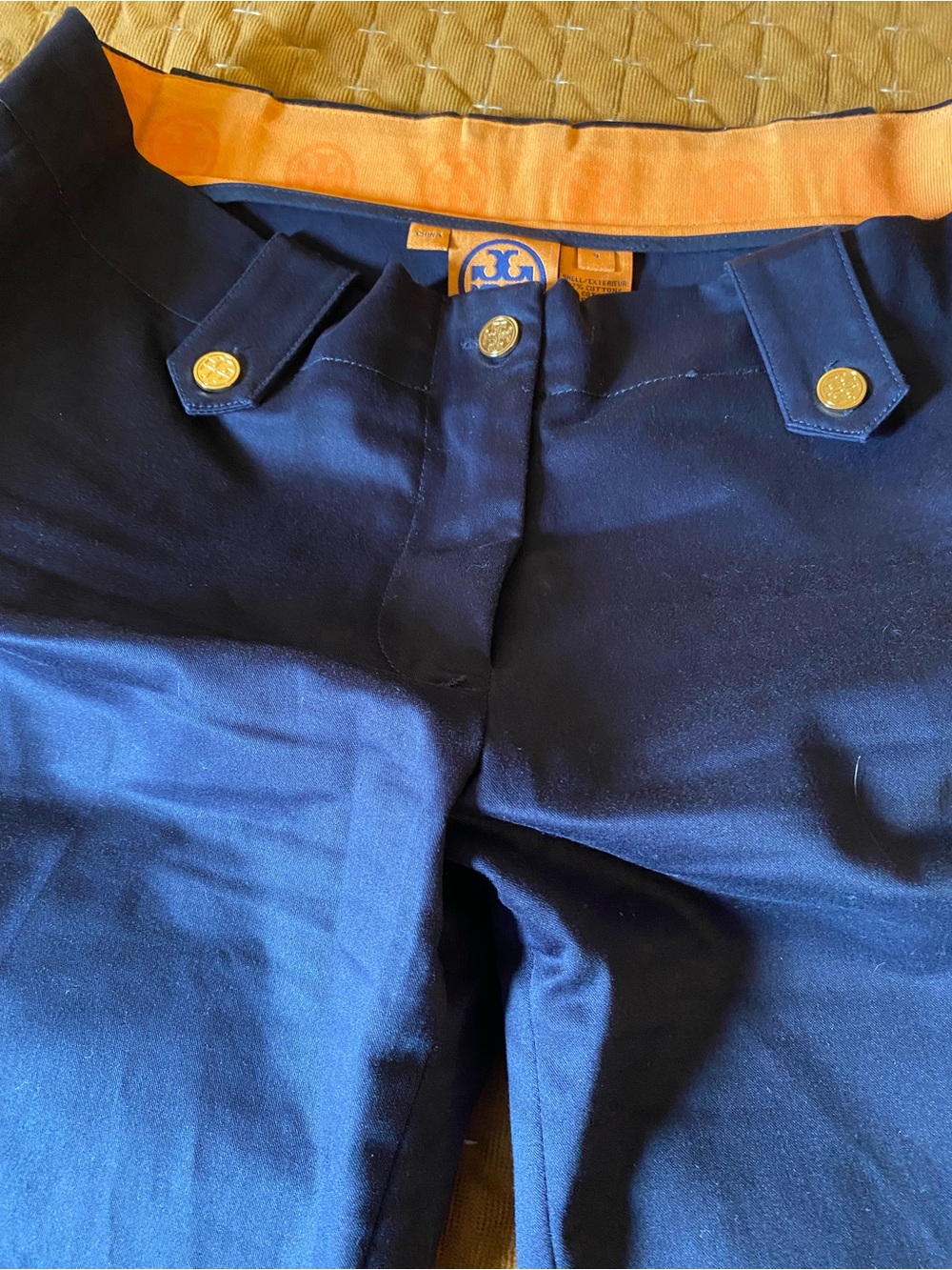 Tory Burch Navy Stretch Cotton Shorts with Gold Button Detail